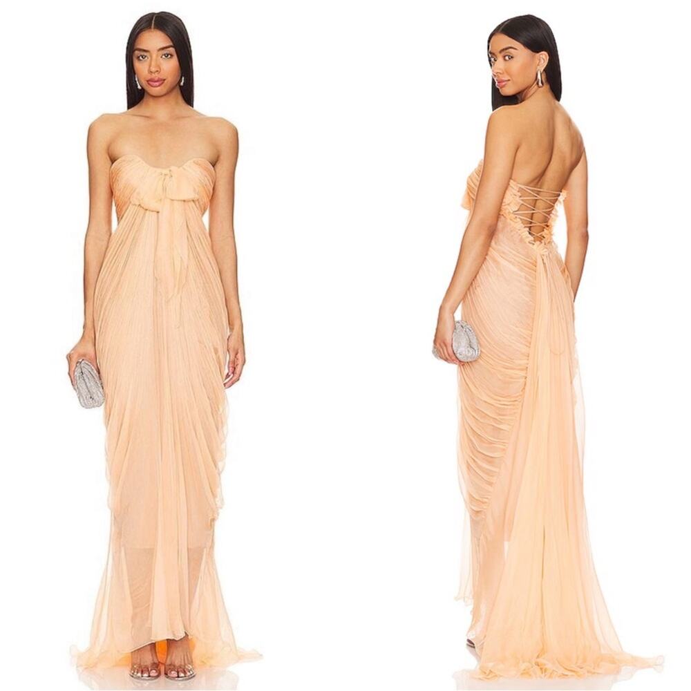MARIA LUCIA HOHAN Lyna Silk Strapless Ruched Draped Lace Back Maxi Dress Size 6